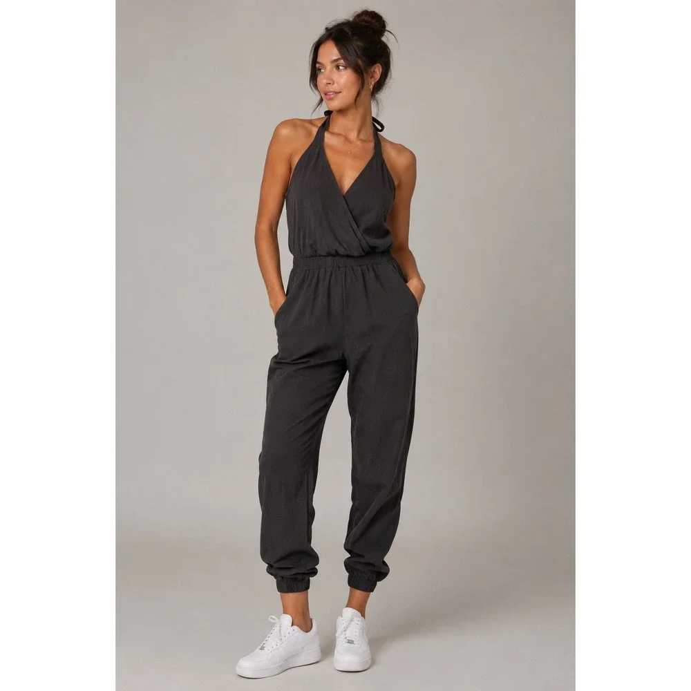 Lulus Black‎ Halter Surplice Neck Jumpsuit Elastic Waist Jogger Leg XS